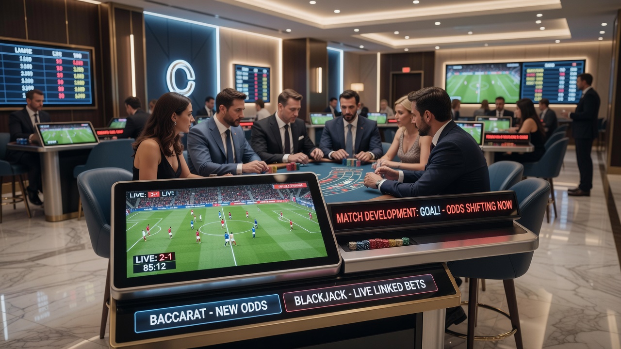 Players gathered around a roulette table in a live casino setting with football match updates visible on overhead screens